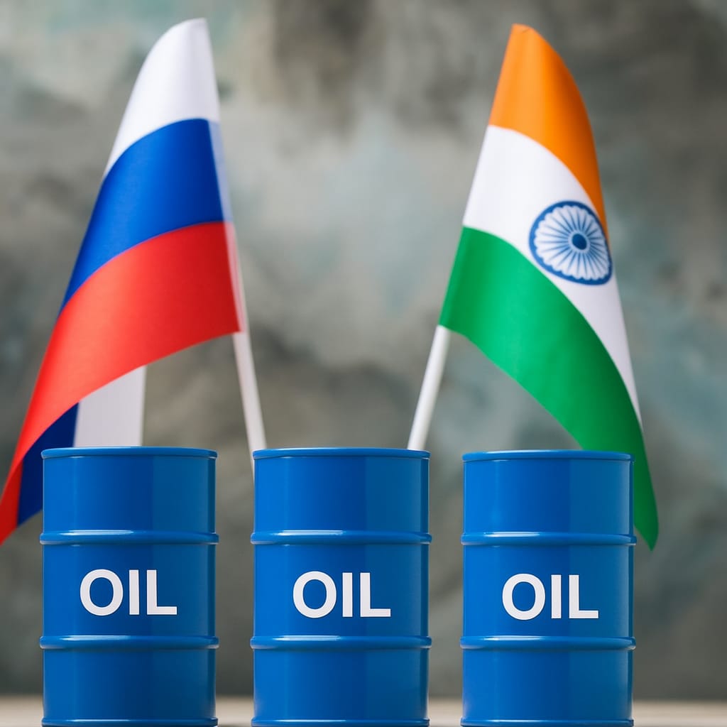 Oil tanker and refinery silhouette at sunset - represents India-Russia crude trade